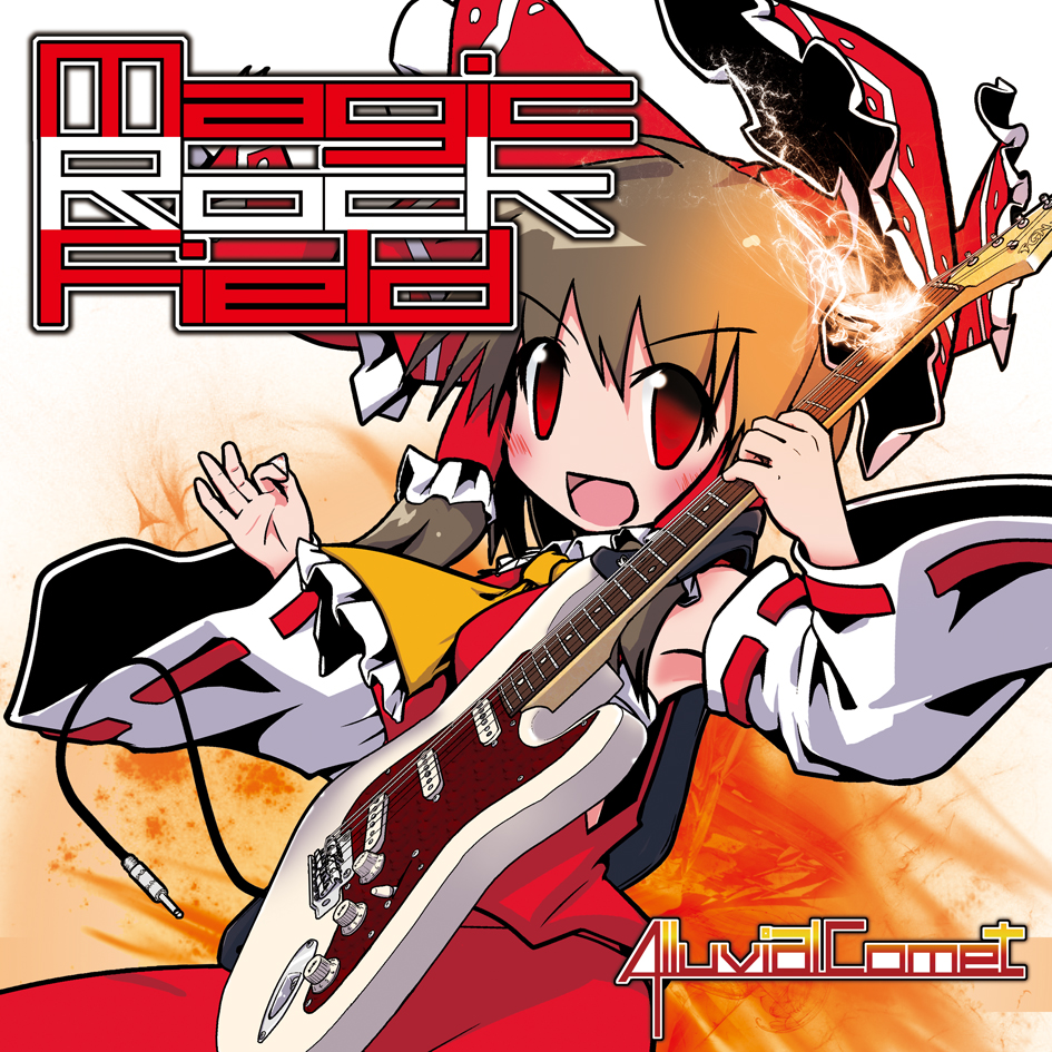 album_cover armpits blush bow brown_hair copyright_name cover detached_sleeves electric_guitar epiphone_(flet06) guitar hair_bow hair_tubes hakurei_reimu holding instrument looking_at_viewer open_mouth plectrum red_eyes smile solo touhou unplugged wide_sleeves