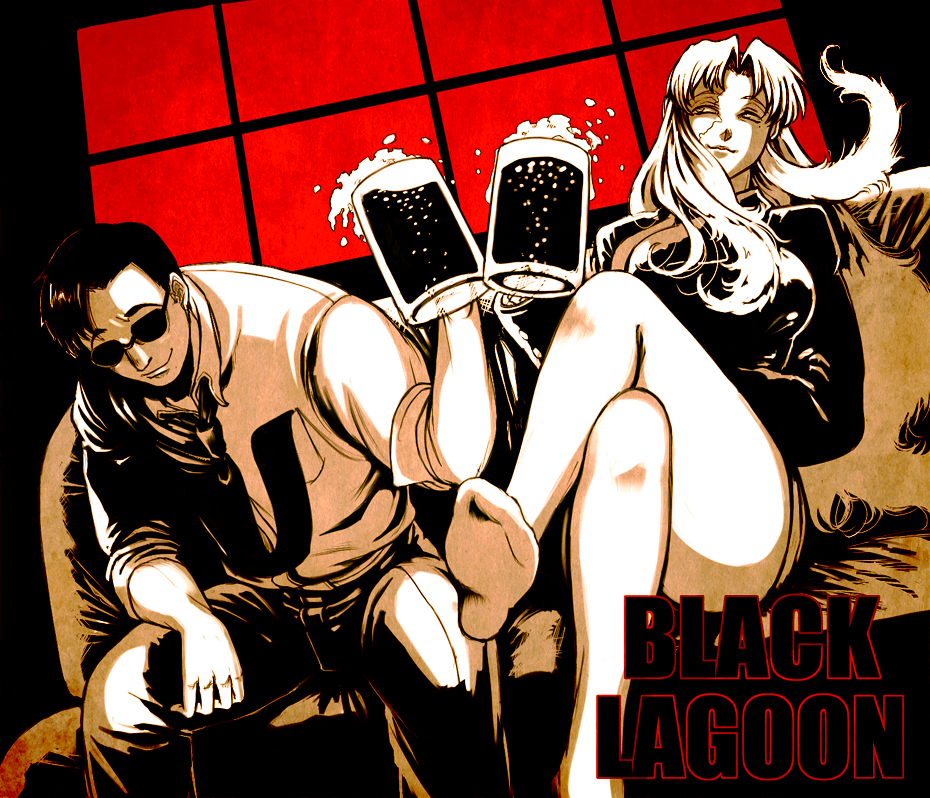 1girl bad_id bad_pixiv_id bai_ji-shin_chang balalaika_(black_lagoon) banned_artist beer_mug black_lagoon copyright_name crossed_legs cup hill_(artist) holding holding_cup long_hair mole mole_under_eye monochrome necktie pantyhose scar sheer_legwear sitting smile sunglasses window