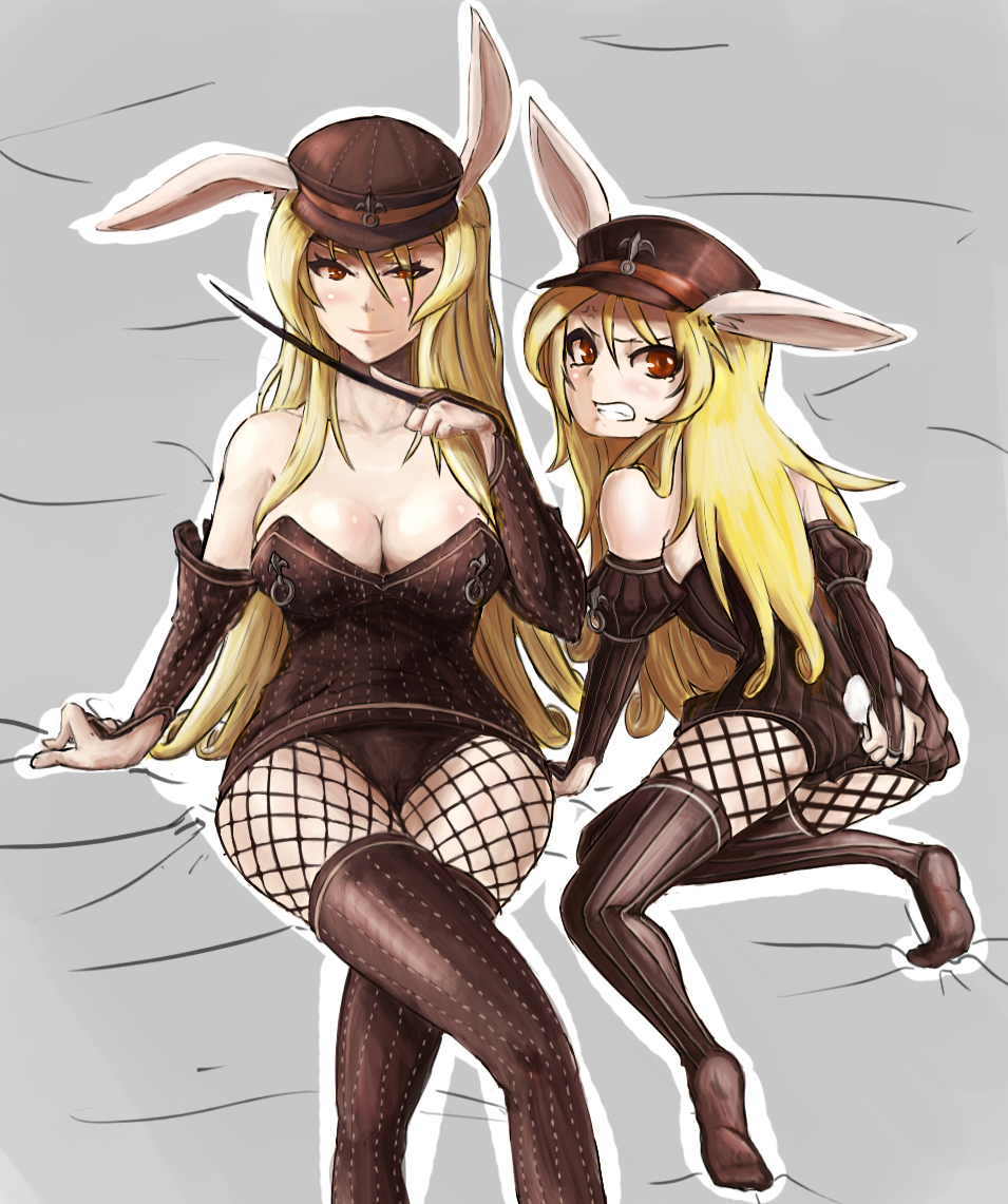 animal_ears bad_id bad_pixiv_id blonde_hair breasts bridal_gauntlets bunny_ears bunny_tail cannelle cleavage crossed_legs dual_persona fishnet_pantyhose fishnets hat large_breasts long_hair looking_back mu multiple_girls pantyhose red_eyes shako_cap sitting striped sword_girls tail thighhighs