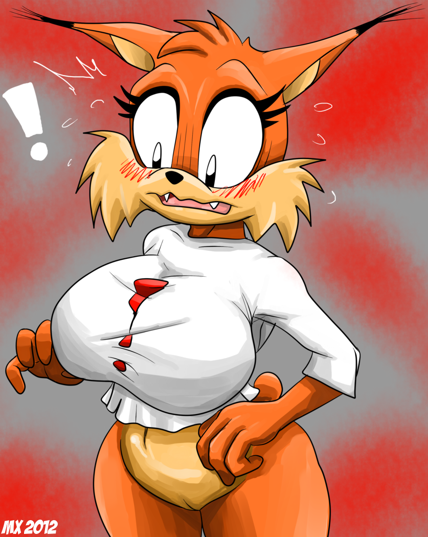 anthro big_breasts blush bottomless breasts bubsy cat clothed clothing crossgender feline female half-dressed lynx mammal monkeyxflash navel pussy shirt solo video_games