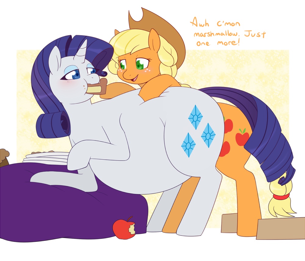 applejack_(mlp) belly cake cutie_mark duo eating equine female feral food friendship_is_magic horn horse mammal my_little_pony obese overweight pony rarity_(mlp) redintravenous stuffing text unicorn