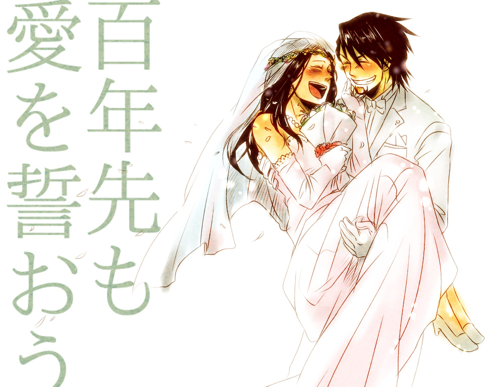 1girl ^_^ bad_id bad_pixiv_id bare_shoulders black_hair blush bouquet carrying closed_eyes couple dress flower formal gloves grin hetero high_heels holding kaburagi_t_kotetsu kaburagi_tomoe long_hair married petals princess_carry rtmg shoes smile suit tiger_&amp;_bunny translated veil wedding_dress white_background white_gloves