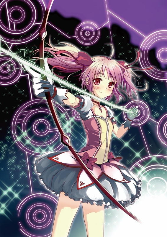 blush bow_(weapon) bubble_skirt kaname_madoka magical_girl mahou_shoujo_madoka_magica obinata_miki pink_eyes pink_hair purple_background resized revision short_twintails skirt smile solo sparkle twintails weapon