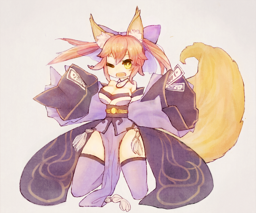 animal_ears bad_id bad_pixiv_id blue_legwear bow breasts cleavage detached_sleeves fate/extra fate_(series) fox_ears fox_tail hair_bow hair_ribbon large_breasts one_eye_closed pink_hair ribbon solo tail tamamo_(fate)_(all) tamamo_no_mae_(fate) thighhighs tippet twintails yellow_eyes