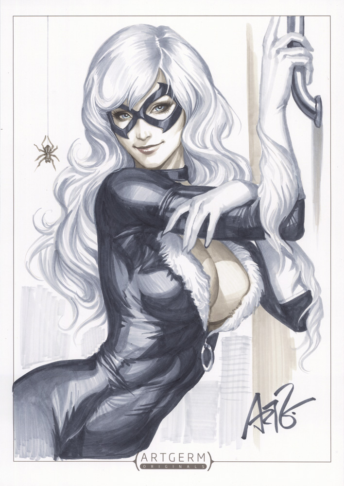 black_cat_(marvel) bodysuit breasts bug choker cityscape cleavage curvy elbow_gloves felicia_hardy gloves large_breasts lips long_hair marker_(medium) marvel mask signature solo spider stanley_lau traditional_media white_hair