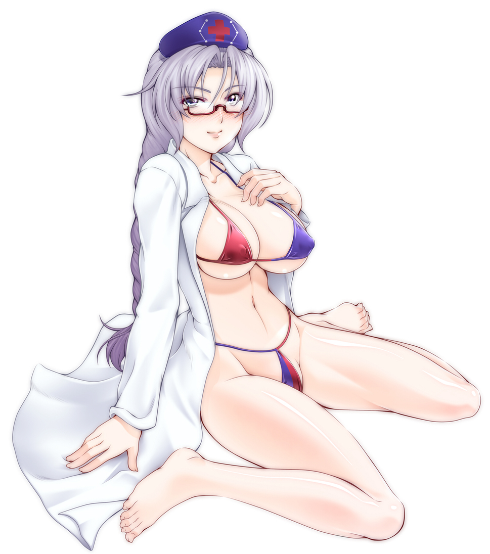 846-gou barefoot bespectacled blue_eyes blush breasts feet full_body glasses hands hat large_breasts long_hair looking_at_viewer nurse_cap open_clothes open_shirt revision shirt silver_hair simple_background sitting smile solo touhou very_long_hair wariza white_background yagokoro_eirin