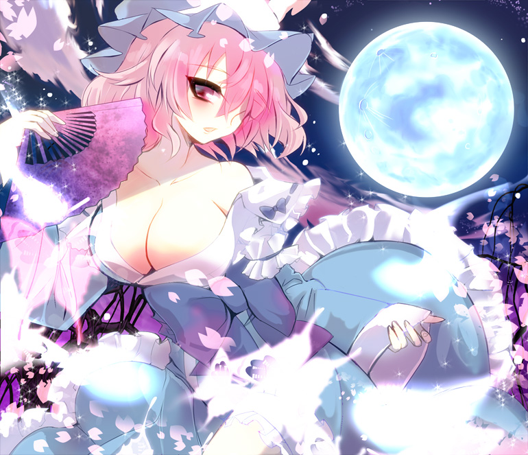 arm_ribbon bad_id bad_pixiv_id bare_shoulders blue_dress breasts bug butterfly cherry_blossoms cleavage dokulow dress fan folding_fan full_moon ghost hair_over_one_eye hat insect large_breasts long_sleeves looking_at_viewer moon night off_shoulder open_mouth pink_eyes pink_hair ribbon saigyouji_yuyuko sash short_hair sky solo touhou wide_sleeves