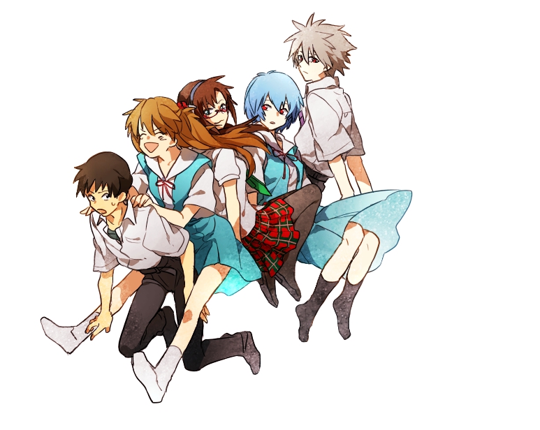 3girls ayanami_rei bad_id bad_pixiv_id blue_eyes brown_hair glasses ikari_shinji long_hair makinami_mari_illustrious multiple_boys multiple_girls nagisa_kaworu nashimura neon_genesis_evangelion orange_hair rebuild_of_evangelion red_eyes school_uniform shikinami_asuka_langley short_hair souryuu_asuka_langley twintails white_hair