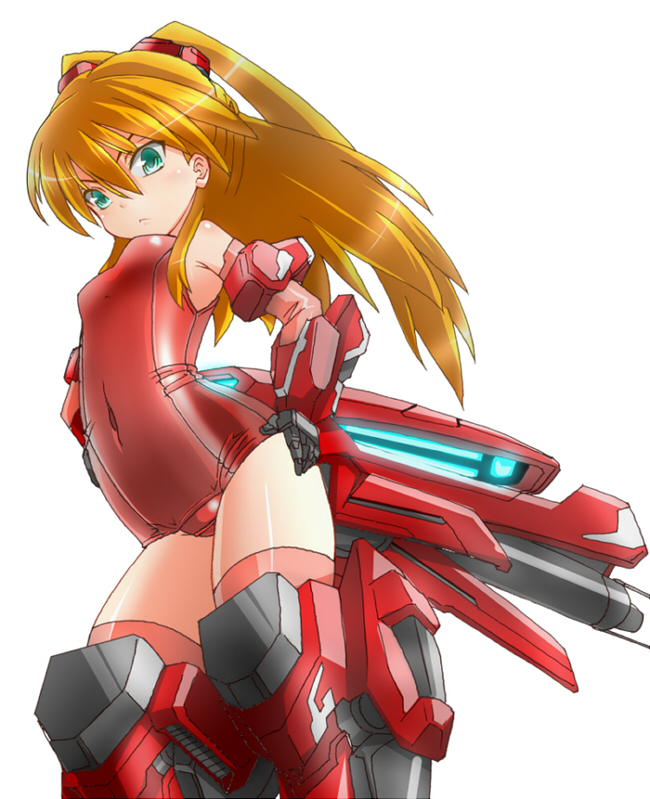 bare_shoulders breasts densou_tenshi_valforce elbow_gloves gloves green_eyes hands_on_hips karukan_(monjya) long_hair mecha_musume mechanical_arms misawa_elena one-piece_swimsuit orange_hair red_legwear red_swimsuit school_swimsuit small_breasts solo swimsuit thighhighs thrusters two_side_up