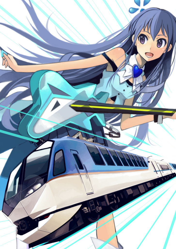 bare_shoulders blue_hair blush breasts electric_guitar ground_vehicle guitar heart instrument long_hair mistrail open_mouth original plectrum purple_eyes skirt small_breasts smile solo train very_long_hair