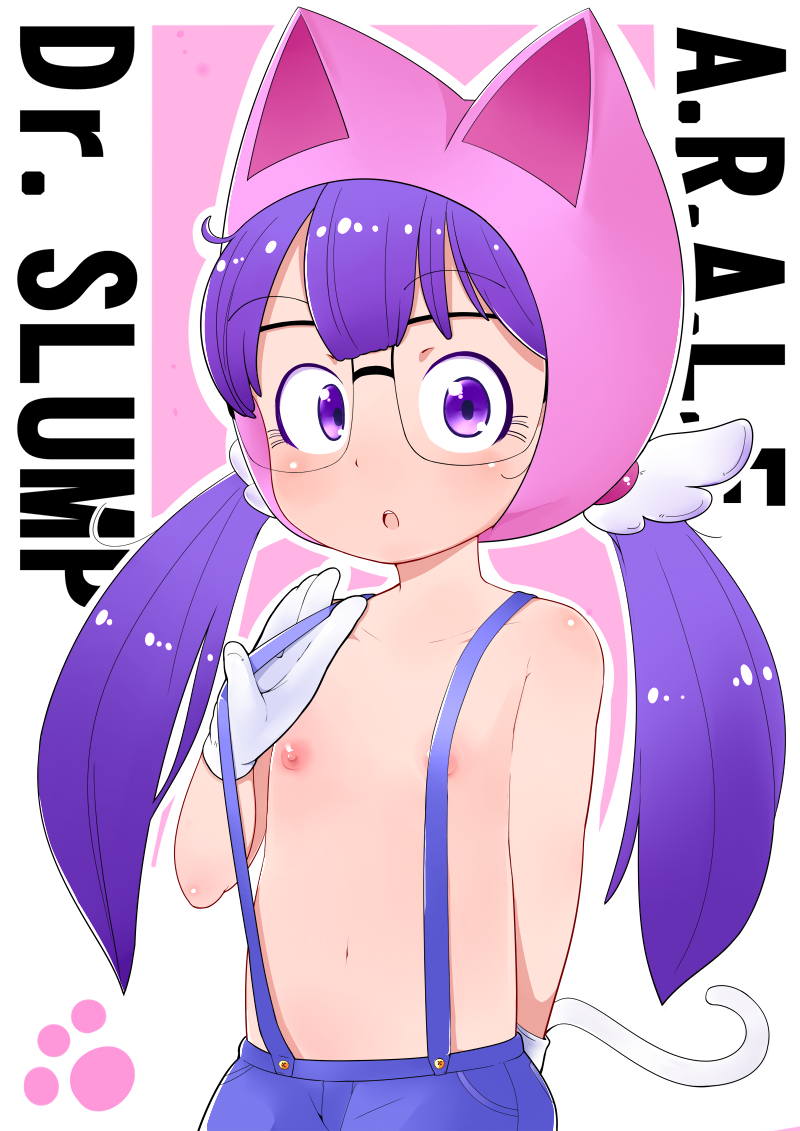 1girl animal_ears cat_ears cat_tail copyright_name dr._slump flat_chest glasses gloves hat kuzuyama long_hair looking_at_viewer naked_suspenders name_drop nipples norimaki_arale open_mouth purple_eyes purple_hair ravel simple_background solo suspenders tail title_drop topless twintails white_background