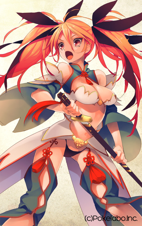 bad_id bad_pixiv_id breasts goroo large_breasts long_hair official_art open_mouth orange_hair sangoku_infinity solo sword twintails weapon