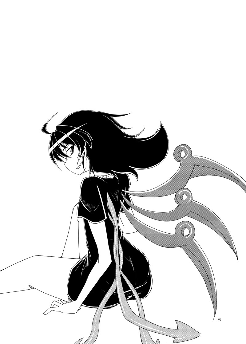 greyscale houjuu_nue long_hair looking_at_viewer monochrome nibi simple_background smile solo touhou white_background