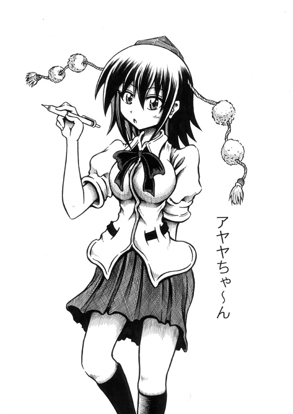 bad_id bad_pixiv_id greyscale hat hidefu_kitayan looking_at_viewer monochrome open_mouth pen puffy_sleeves shameimaru_aya short_hair short_sleeves solo touhou translated