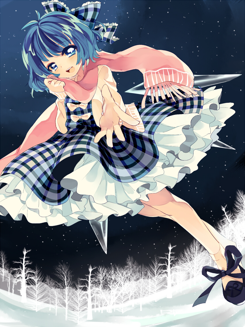 adapted_costume blue_dress blue_eyes blue_hair bow checkered checkered_dress cirno dress forest frills hair_bow long_sleeves looking_at_viewer morinaga_kobato nature night open_mouth outstretched_arm outstretched_hand petticoat scarf shirt short_hair sky smile solo star_(sky) starry_sky touhou wings winter