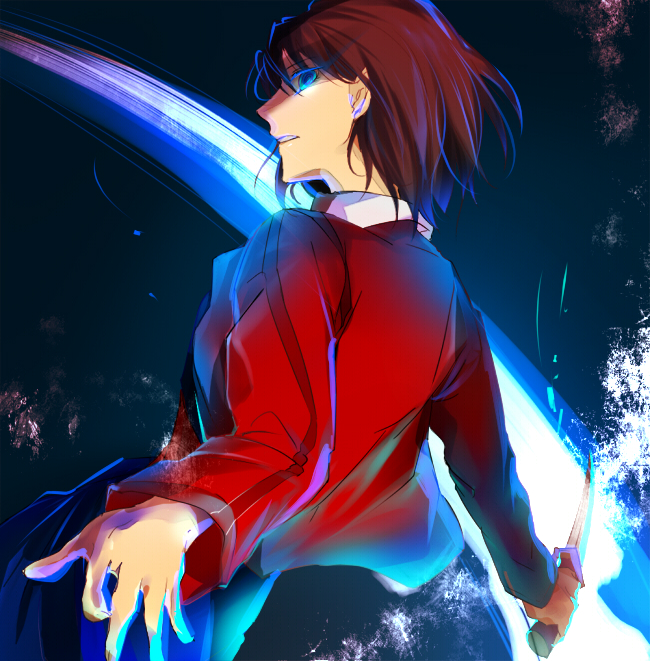 aonome backlighting blue_eyes brown_hair fighting_stance from_behind glowing glowing_eyes grimace impressionism jacket kara_no_kyoukai knife looking_at_viewer outstretched_hand profile red_jacket ryougi_shiki shaded_face short_hair solo speed_lines