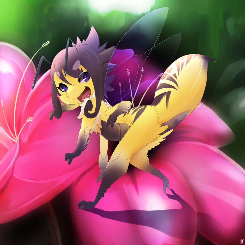 ambiguous_gender antennae anthro ass_up bee black_hair flower green_background hair insect open_mouth plain_background purple_eyes rudragon solo stinger tongue tuft wings
