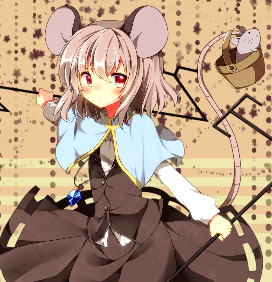 animal_ears bad_id bad_pixiv_id basket blush capelet dowsing_rod gem grey_hair jewelry long_sleeves looking_at_viewer mouse mouse_ears mouse_tail nazrin necklace red_eyes shirt short_hair skirt solo tail touhou vest yarawi