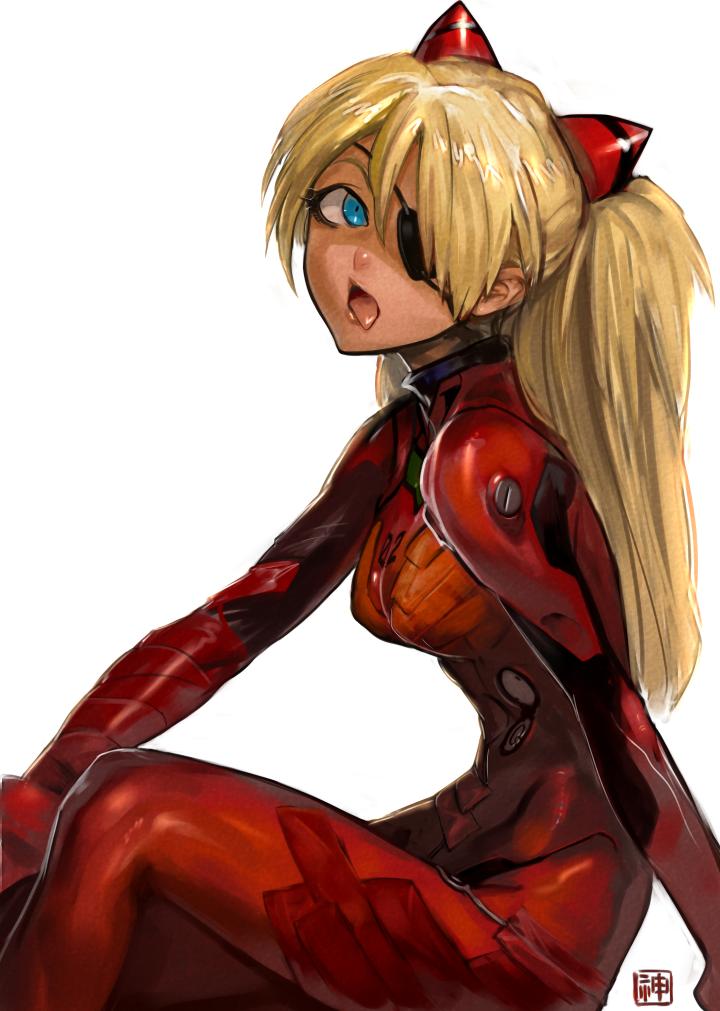 arm_at_side bangs blonde_hair blue_eyes bodysuit bracer breasts evangelion:_3.0_you_can_(not)_redo eyepatch from_side gloves hair_between_eyes hair_over_one_eye headgear jintetsu long_hair looking_at_viewer looking_back medium_breasts neon_genesis_evangelion number one_eye_covered open_mouth outstretched_arm parted_bangs pilot_suit plugsuit rebuild_of_evangelion red_bodysuit shikinami_asuka_langley signature simple_background sitting skin_tight solo souryuu_asuka_langley straight_hair tape tongue tongue_out turtleneck two_side_up white_background