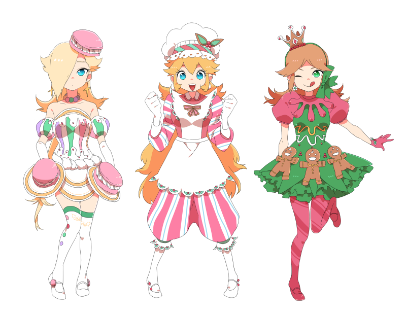 3girls alternate_costume apron aqua_eyes bare_shoulders blonde_hair blue_eyes blush bow breasts brown_hair christmas cookie crown dress earrings female food food_themed_clothes full_body gloves green_eyes hair_bow hair_over_one_eye hairband hat hat_bow jewelry long_hair macaroon mary_janes multiple_girls nintendo open_mouth princess princess_daisy princess_peach red_legwear riomario rosalina_(mario) rosetta_(mario) shoes shorts simple_background solo stockings striped striped_legwear super_mario_bros. super_mario_galaxy super_mario_land thighhighs very_long_hair white_background white_gloves white_legwear zettai_ryouiki
