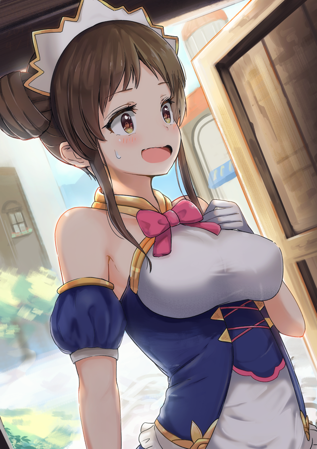 1girl :d amano_suzume apron armpit_crease backlighting bangs bare_shoulders blue_dress blush bow bowtie breasts brown_eyes brown_hair building commentary dargo day detached_sleeves door dress dutch_angle gloves hair_bun hairband hand_up indoors long_hair looking_to_the_side medium_breasts open_mouth pink_neckwear princess_connect! princess_connect!_re:dive puffy_short_sleeves puffy_sleeves short_sleeves sidelocks smile solo sweatdrop tree upper_body white_apron white_gloves
