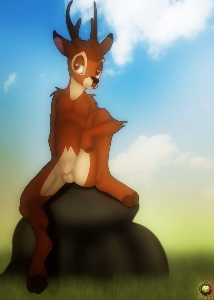 anthro atlasfield balls bambi bambi(movie) cervine clouds deer hooves male penis red_eyes rock sheat sitting sky solo