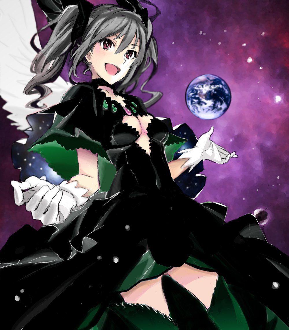 :d black_dress breasts center_opening cleavage cosplay dress gloves grey_hair idolmaster idolmaster_cinderella_girls kanzaki_ranko long_hair mahou_shoujo_madoka_magica nobita open_mouth planet small_breasts smile solo twintails ultimate_madoka ultimate_madoka_(cosplay) white_gloves wings