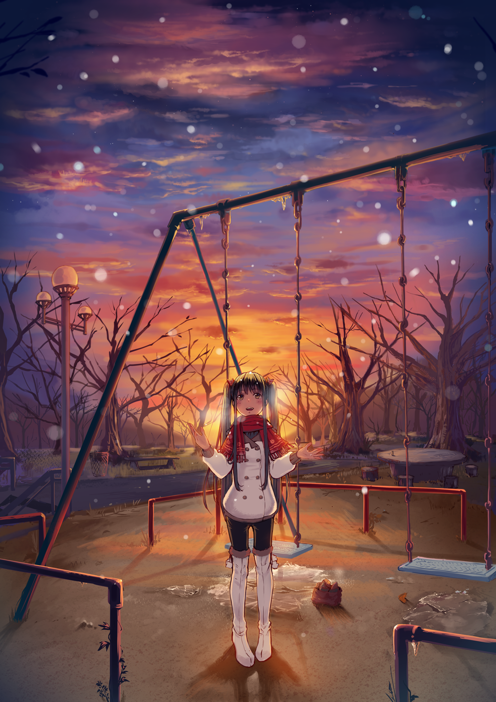 :d bag bare_tree bench black_hair blush boots breath buttons cloud cloudy_sky coat double-breasted grocery_bag highres ice kamome_yuu lamppost long_hair long_sleeves open_mouth original outdoors pigeon-toed playground railing scarf shopping_bag sidelocks sky smile snowing solo standing sunset swing table thigh_boots thighhighs tree twintails white_legwear winter winter_clothes yellow_eyes