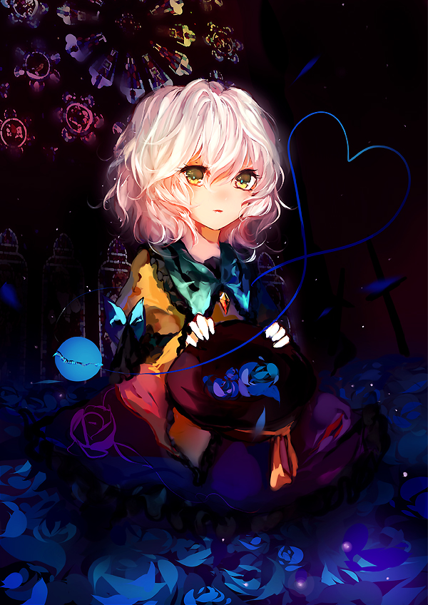 blue_flower blue_rose comic darkness flower green_eyes happytreefriendspikapika hat hat_removed headwear_removed heart heart_of_string komeiji_koishi long_sleeves looking_at_viewer petals rose shirt short_hair silent_comic sitting skirt solo stained_glass third_eye touhou wide_sleeves
