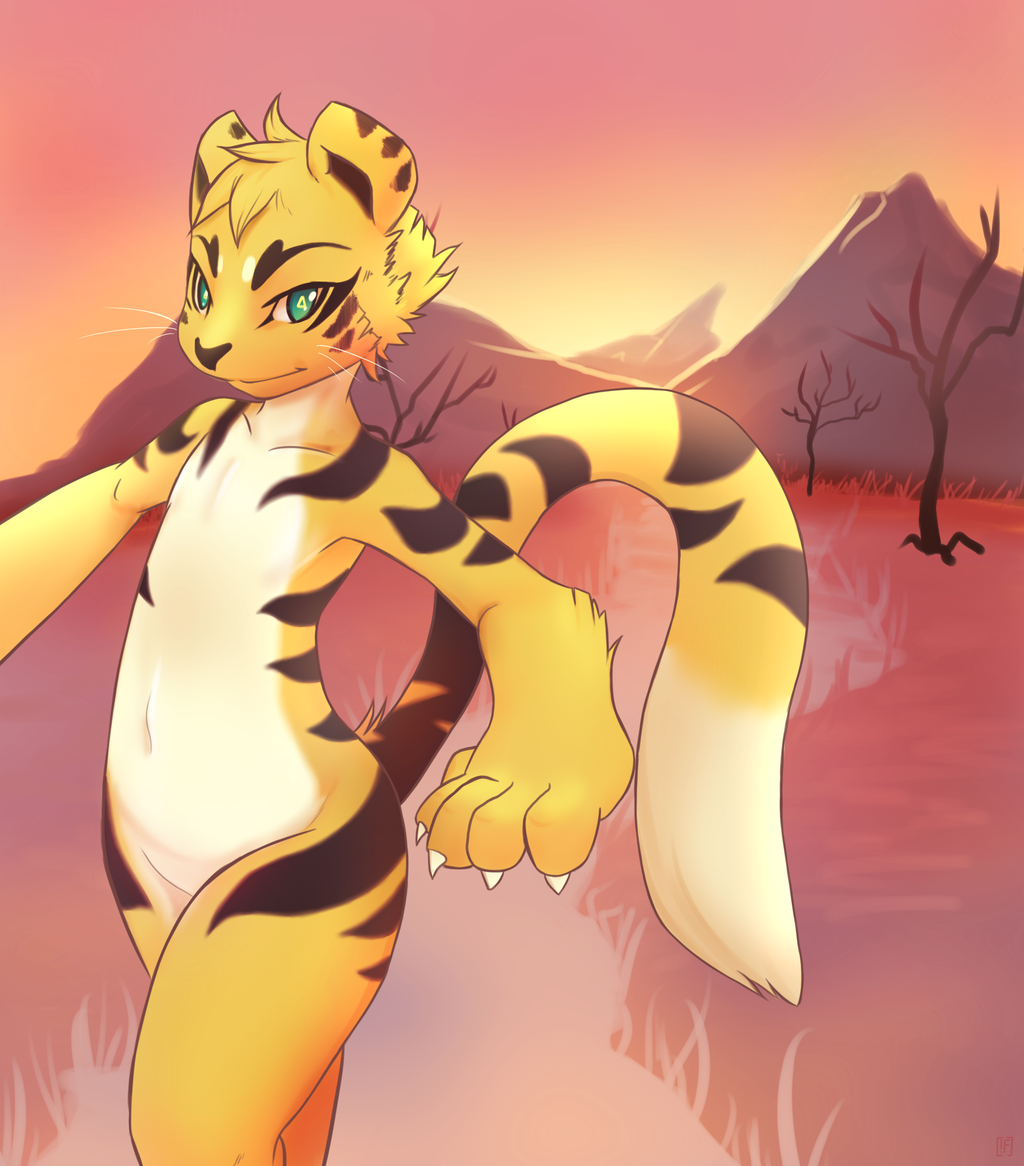 ambiguous_gender anthro black_fur claws feline green_eyes looking_at_viewer mountain rudragon solo stripes tiger tree whiskers white_fur yellow_fur