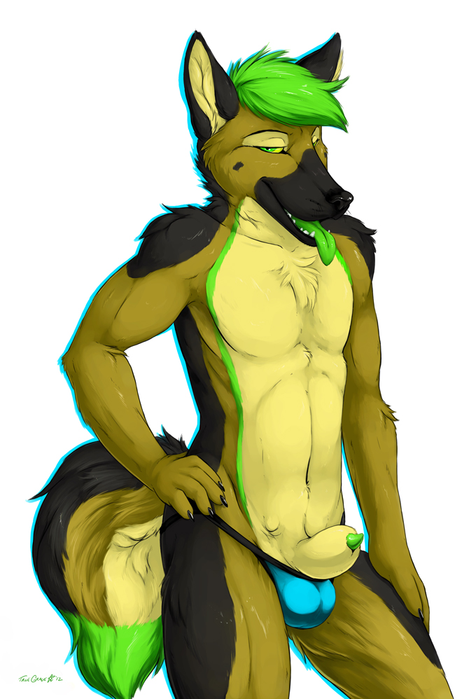 anthro balls canine clothed clothing dog german_shepherd green_eyes half-dressed looking_at_viewer male mammal peeking penis penis_tip pose sheath solo standing thong tongue tongue_out topless truegrave9