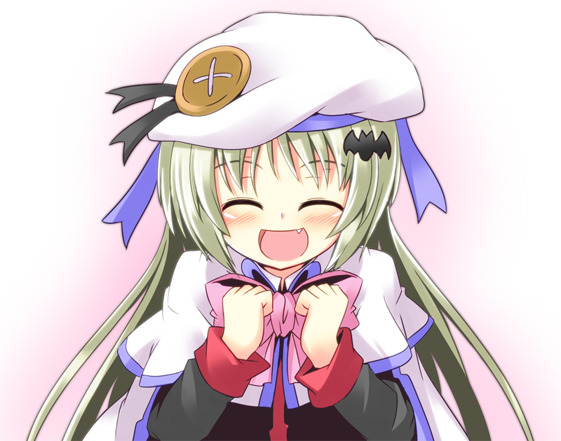 :d ^_^ blush bow capelet closed_eyes fang green_hair hair_ornament hat ichimi little_busters! long_hair noumi_kudryavka open_mouth pink_bow school_uniform simple_background smile solo white_background