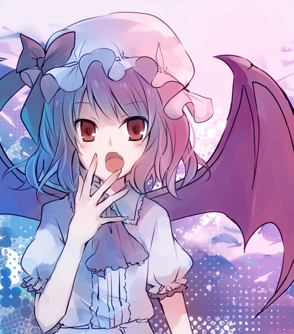 :o ascot bat_wings blue_hair blush bow hat hat_bow looking_at_viewer open_mouth red_eyes remilia_scarlet solo suzushiro_kurumi touhou wings