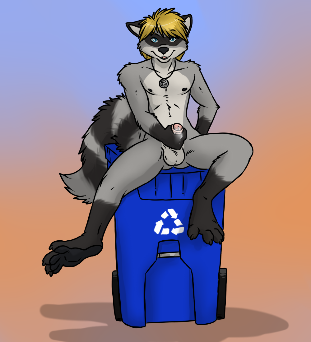 balls black_nose blonde_hair cyan_eyes dumpster front fur grey_fur hair looking_at_viewer male mammal masturbation necklace nude penis pi precum raccoon recycling ringed_tail sitting smile solo topless uncut