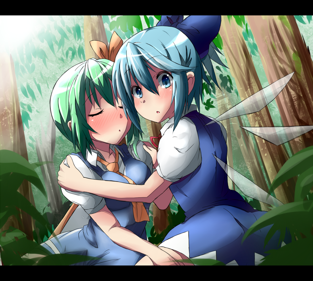 ascot blue_eyes blue_hair blush bow breasts caught cirno closed_eyes daiyousei fairy fairy_wings full-face_blush green_hair hair_ribbon hand_on_shoulder hand_on_thigh ice ice_wings imminent_kiss kuromu_(underporno) letterboxed looking_at_viewer looking_back medium_breasts multiple_girls ribbon short_hair side_ponytail touhou tree wings yuri