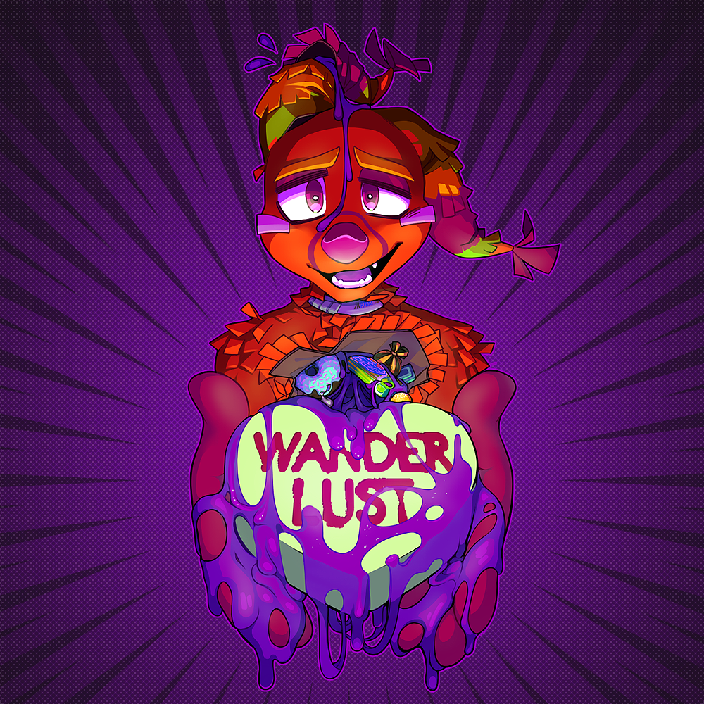 abstract_background album_art ambiguous_gender anthro blood blush candy canine creepy doughnut english_text fox gift gore grapeyguts mammal open_mouth pinata purple_blood purple_eyes slime solo teeth text the_quick_brown_fox tqbf