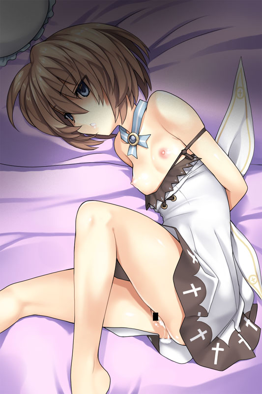 bad_id bad_pixiv_id blanc blue_eyes breasts breasts_outside brown_hair censored collar empty_eyes kamia_(not_found) neptune_(series) nipples no_bra no_panties pussy_juice shadow small_breasts solo