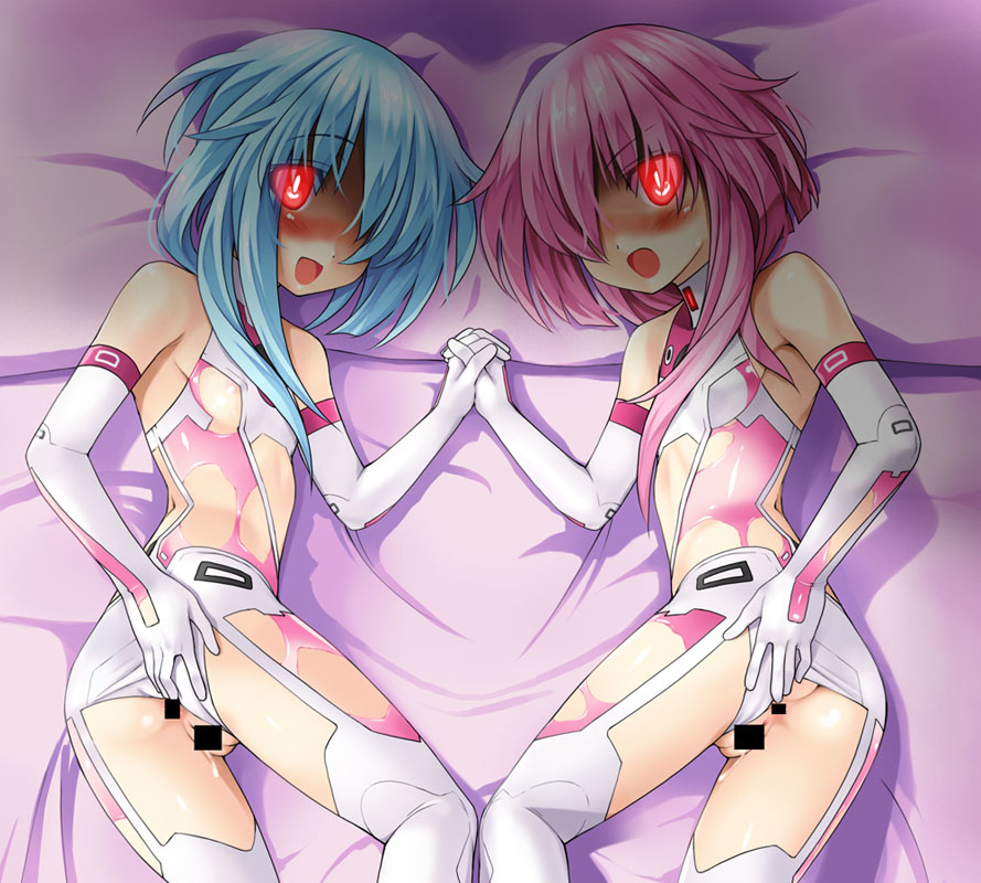 2girls ass ass_grab bed blue_hair blush breasts censored choujigen_game_neptune compile_heart hyperdimension_neptunia idea_factory kamia_(not_found) multiple_girls neptune_(series) pink_hair pussy ram ram_(choujigen_game_neptune) rom rom_(choujigen_game_neptune) saliva siblings twins white_sister white_sister_ram white_sister_rom