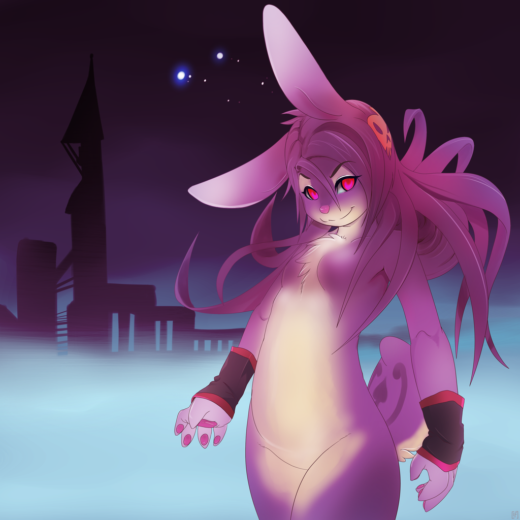 female fog hair lagomorph purple_fur purple_hair rabbit red_eyes rudragon sleeves smile stars