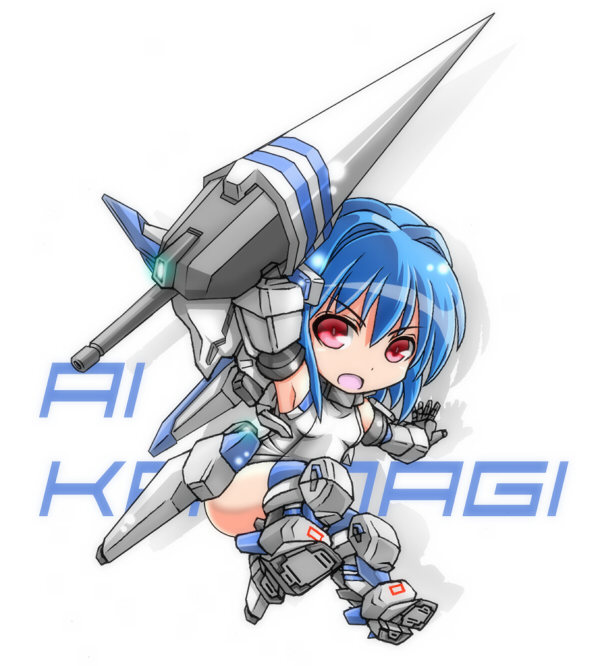 blue_hair blue_legwear bob_cut character_name chibi densou_tenshi_valforce elbow_gloves flat_chest gloves hair_intakes hair_ornament huge_weapon kannagi_ai karukan_(monjya) lance mecha_musume mechanical_arm one-piece_swimsuit polearm red_eyes short_hair solo swimsuit thighhighs thrusters weapon white_swimsuit