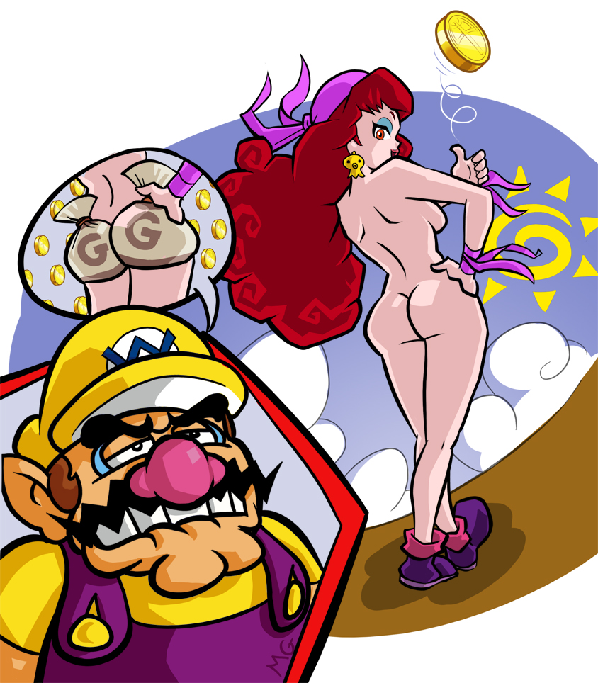 1girl ass bandana big_nose biting breasts captain_syrup coin coin_flip earrings eyeliner facial_hair from_behind hand_on_hip hat inset jewelry lip_biting long_hair makeup mario_(series) mario_grant medium_breasts mustache nude red_eyes red_hair sideboob super_mario_bros. suspenders wario wario_land