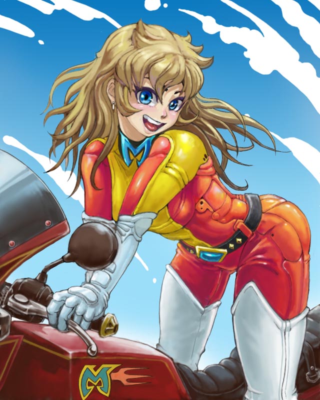 belt blonde_hair blue_eyes bodysuit boots cloud day gloves ground_vehicle happy maria_grace_fleed motor_vehicle motorcycle multicolored multicolored_bodysuit multicolored_clothes pilot_suit pipipi red_bodysuit sky smile solo teeth thigh_boots thighhighs ufo_robo_grendizer yellow_bodysuit