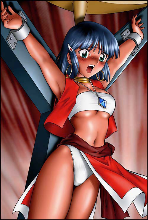 armpits arms_up bandeau bdsm blue_hair blush bondage bound breasts cuffs dark_skin fushigi_no_umi_no_nadia gold_trim green_eyes jewelry jpeg_artifacts loincloth midriff nadia navel neck_ring necklace open_mouth outstretched_arms panties pelvic_curtain restrained scared screaming shackles shingyouji_tatsuya short_hair shouting small_breasts solo spread_arms stationary_restraints strapless sweat underboob underwear vest white_bandeau y-cross