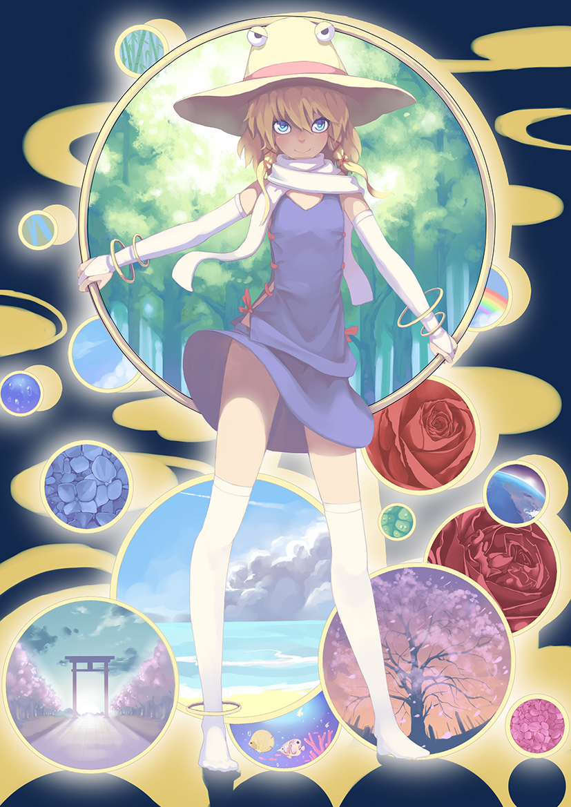 adapted_costume anklet bamboo blue_eyes blue_sky bracelet bridal_gauntlets butterflyfish cherry_blossoms cloud earth fish flower forest hair_ribbon hat jewelry legs long_legs madyy moriya's_iron_rings moriya_suwako nature no_shoes rainbow ribbon rose scarf short_hair sidelocks skirt skirt_set sky smile solo thighhighs thighs torii touhou tree white_background white_legwear wind wind_lift