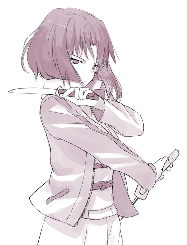 dual_wielding holding jacket japanese_clothes kara_no_kyoukai katana kimono knife monochrome purple ryougi_shiki shirabi short_hair solo sword weapon