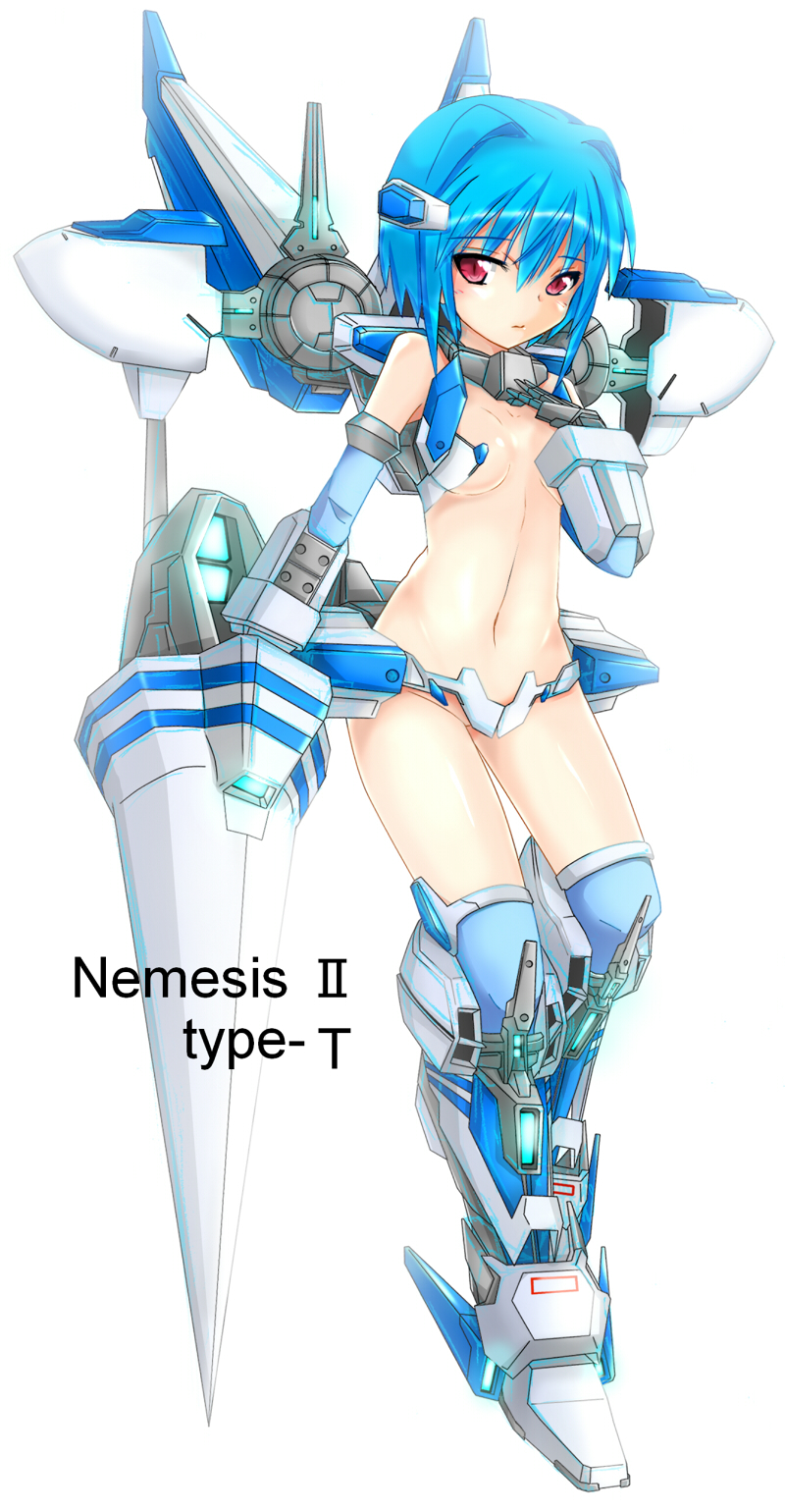 adapted_costume alternate_costume bare_shoulders blue_hair blush breasts crotch_plate densou_tenshi_valforce elbow_gloves gloves hair_ornament highres huge_weapon kannagi_ai karukan_(monjya) lance mecha_musume mechanical_arm no_panties pasties polearm red_eyes revealing_clothes short_hair small_breasts solo thighhighs thrusters underboob weapon