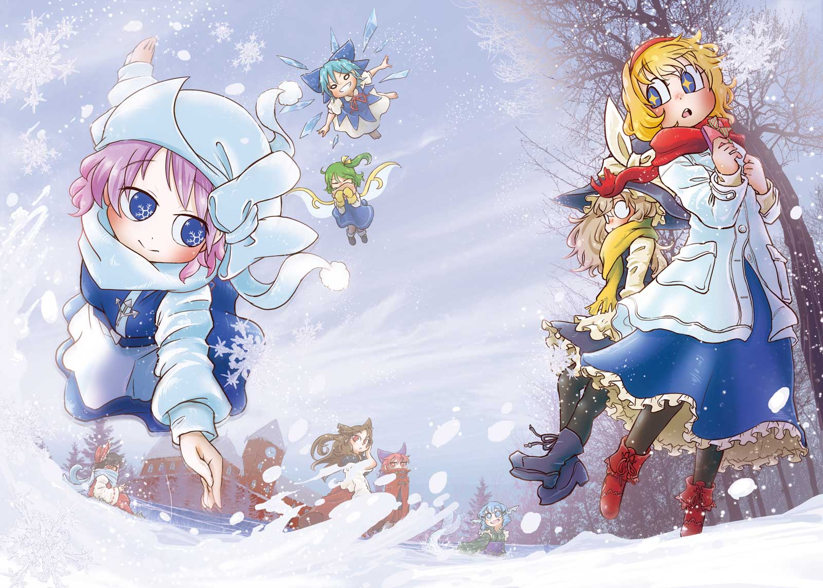 6+girls alice_margatroid animal_ears barefoot black_legwear blonde_hair blue_bow blue_dress blue_eyes blue_hair boots bow box brooch brown_hair cape chamaji cirno commentary_request daiyousei dress eyebrows_visible_through_hair fairy_wings flying frilled_kimono frills gift grass_root_youkai_network green_hair hair_bow hair_tubes hairband hakurei_reimu hat hat_bow head_fins high_collar highres holding holding_gift ice ice_wings imaizumi_kagerou japanese_clothes jewelry kimono kirisame_marisa letty_whiterock long_sleeves mermaid misty_lake mittens monster_girl multiple_girls pantyhose puffy_short_sleeves puffy_sleeves red_bow red_cape red_eyes red_hair red_ribbon ribbon scarf scarlet_devil_mansion sekibanki short_hair short_sleeves side_ponytail sitting_on_ground smile snow snowflake_pupils snowflakes star star-shaped_pupils symbol-shaped_pupils touhou tree wakasagihime werewolf white_bow wings witch_hat wolf_ears yuki_onna