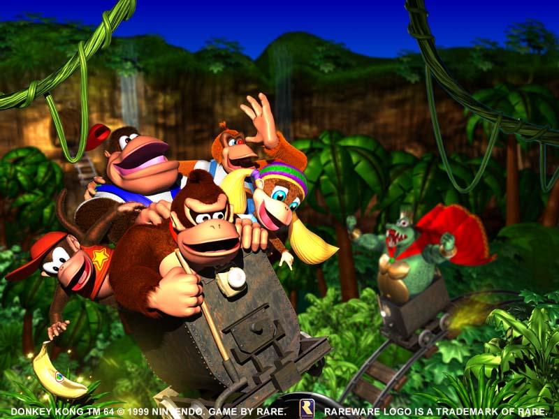 chunky_kong diddy_kong donkey_kong donkey_kong_64 king_k._rool lanky_kong minecart nintendo official_art rareware tiny_kong