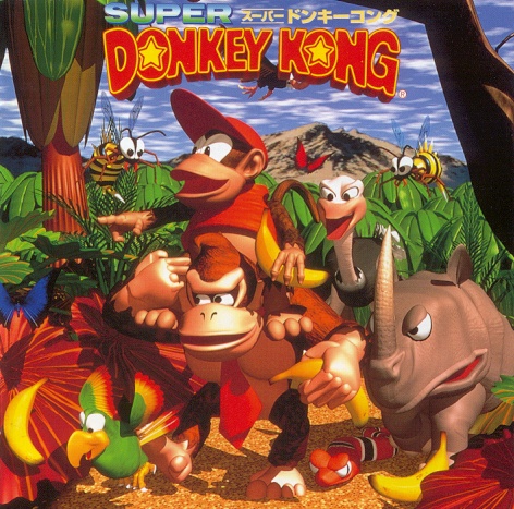 album_cover animal banana cloud copyright_name cover diddy_kong donkey_kong donkey_kong_country expresso food forest fruit gorilla jungle lowres monkey mountain nature necky nintendo no_humans official_art ostrich outdoors parrot rambi rareware rhinoceros sky slippa snake squawks tree wasp zinger
