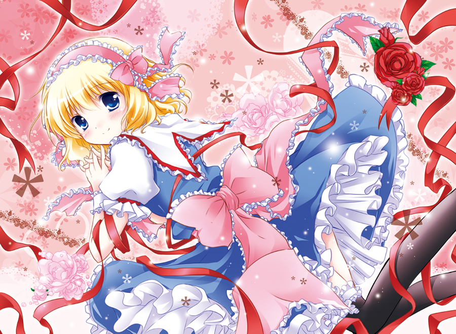 alice_margatroid back black_legwear blonde_hair blue_eyes bow capelet dress flower hair_bow hairband lace looking_back pink_flower pink_rose red_flower red_rose ribbon rose short_hair smile solo thighhighs touhou white-brown